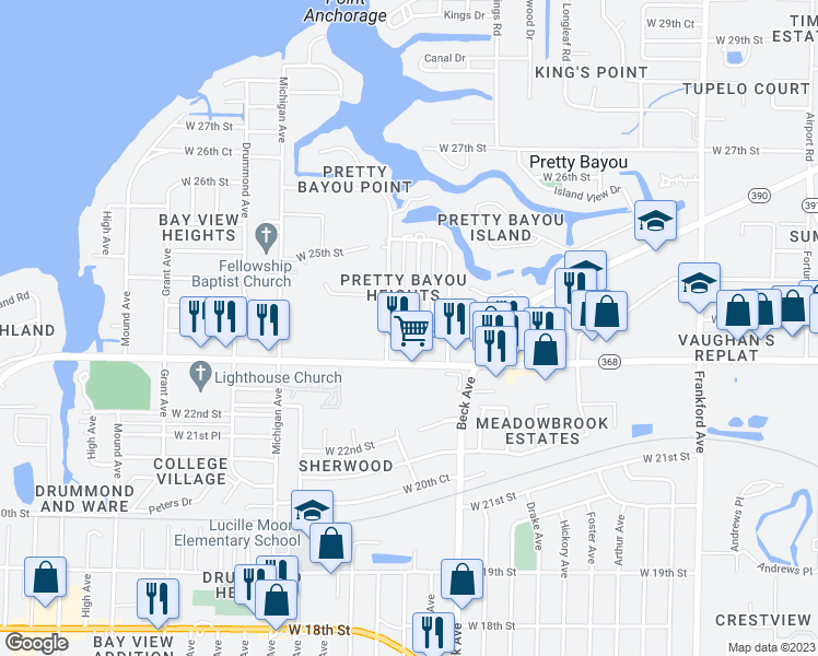 map of restaurants, bars, coffee shops, grocery stores, and more near 2325 Cincinnati Ave in Panama City