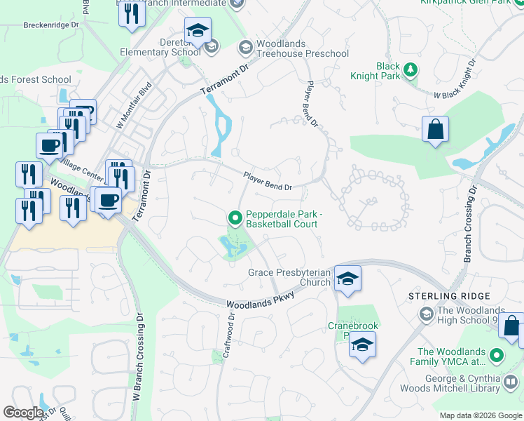 map of restaurants, bars, coffee shops, grocery stores, and more near 11 Harmony Links Place in Spring