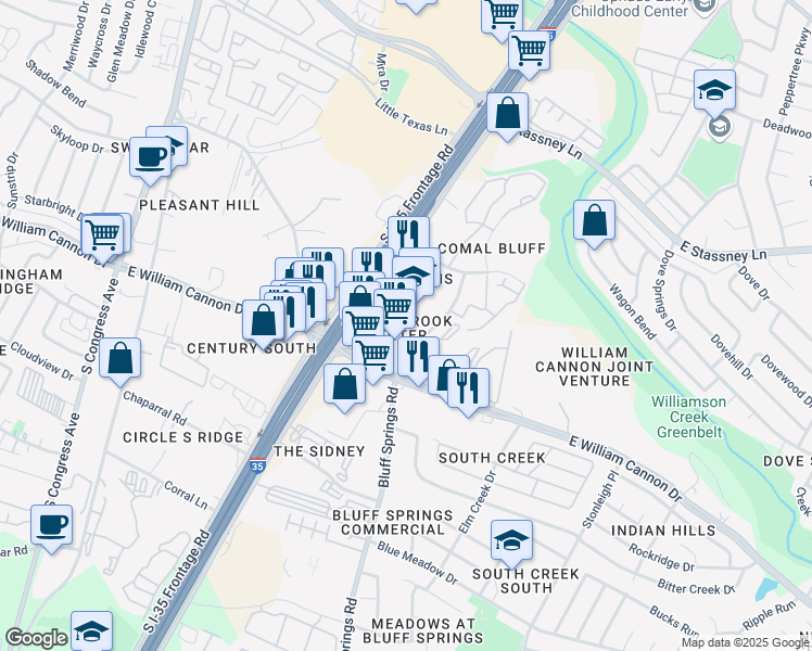 map of restaurants, bars, coffee shops, grocery stores, and more near 6405 Interstate 35 in Austin