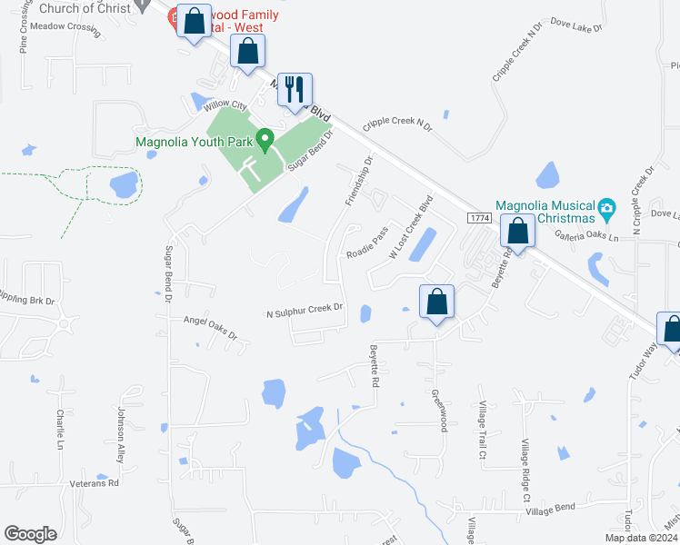 map of restaurants, bars, coffee shops, grocery stores, and more near 38228 East Sulphur Creek Drive in Magnolia