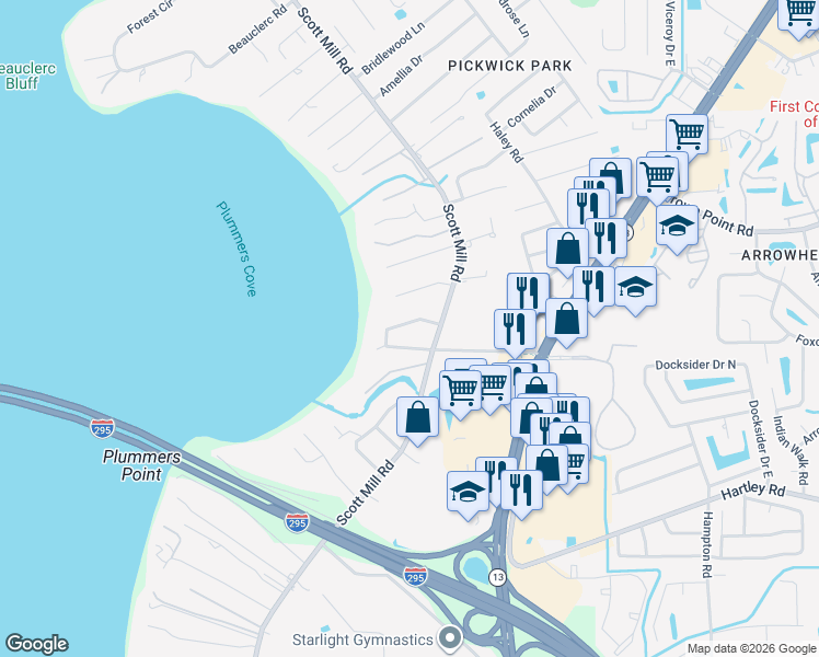 map of restaurants, bars, coffee shops, grocery stores, and more near 2865 Village Grove Drive North in Jacksonville