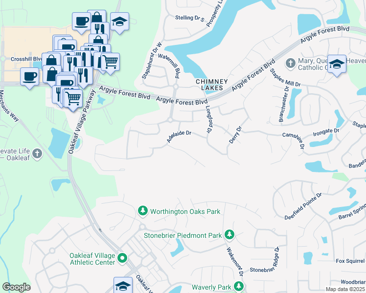 map of restaurants, bars, coffee shops, grocery stores, and more near 9458 Woodleigh Mill Drive in Jacksonville