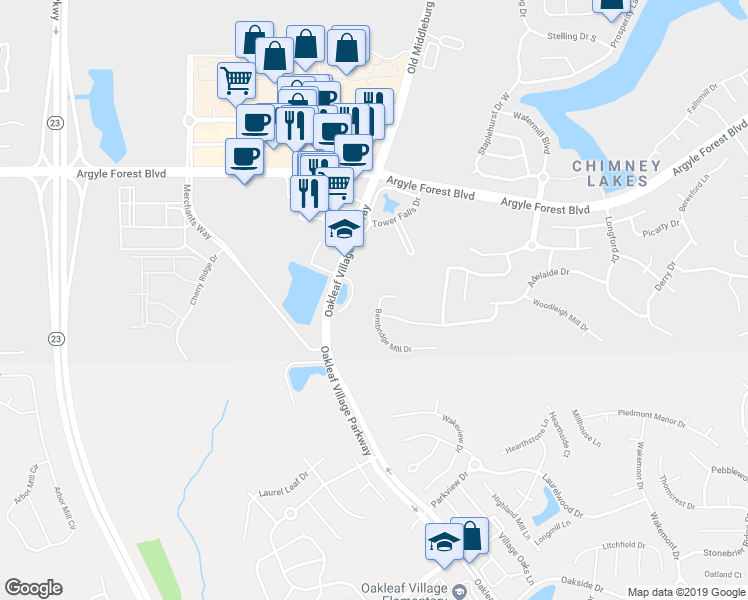 map of restaurants, bars, coffee shops, grocery stores, and more near 9753 Woodstone Mill in Jacksonville