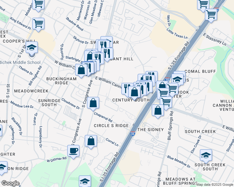 map of restaurants, bars, coffee shops, grocery stores, and more near 409 East William Cannon Drive in Austin