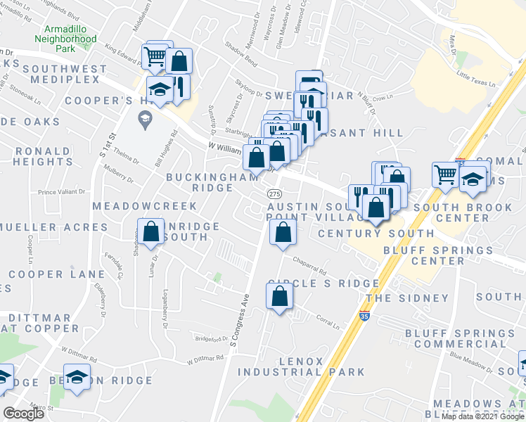 map of restaurants, bars, coffee shops, grocery stores, and more near 104 Meteor Drive in Austin