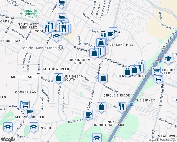 map of restaurants, bars, coffee shops, grocery stores, and more near 117 Meteor Drive in Austin