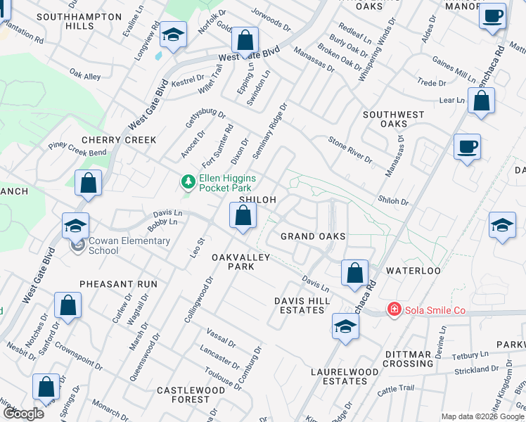map of restaurants, bars, coffee shops, grocery stores, and more near 2512 Star Grass Circle in Austin