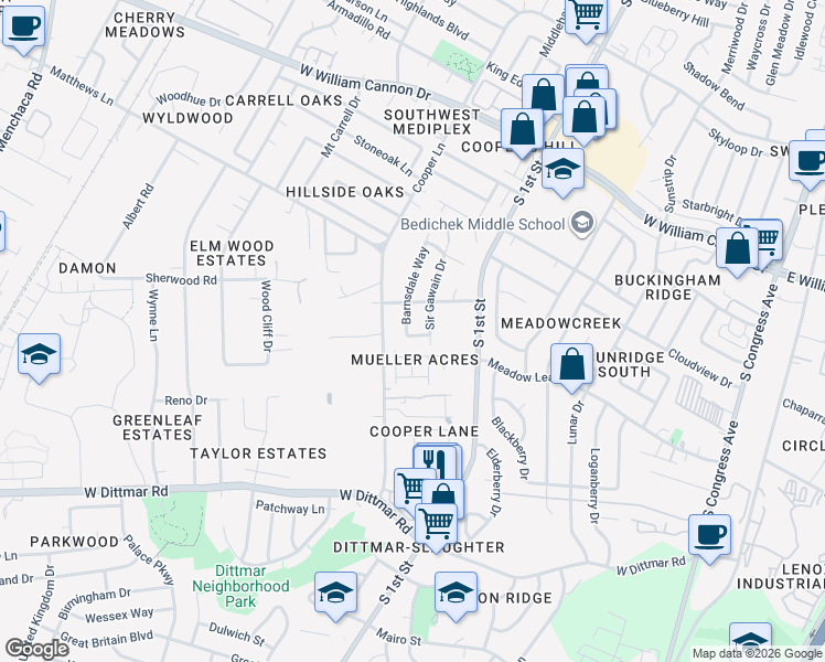 map of restaurants, bars, coffee shops, grocery stores, and more near 701 Aletha Lane in Austin