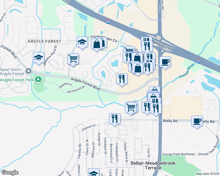 map of restaurants, bars, coffee shops, grocery stores, and more near 8563 Argyle Business Loop in Jacksonville