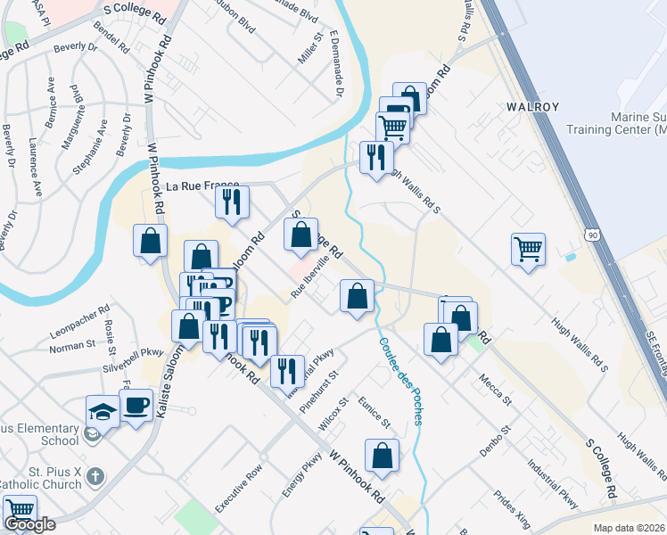 map of restaurants, bars, coffee shops, grocery stores, and more near 204 Rue Iberville in Lafayette