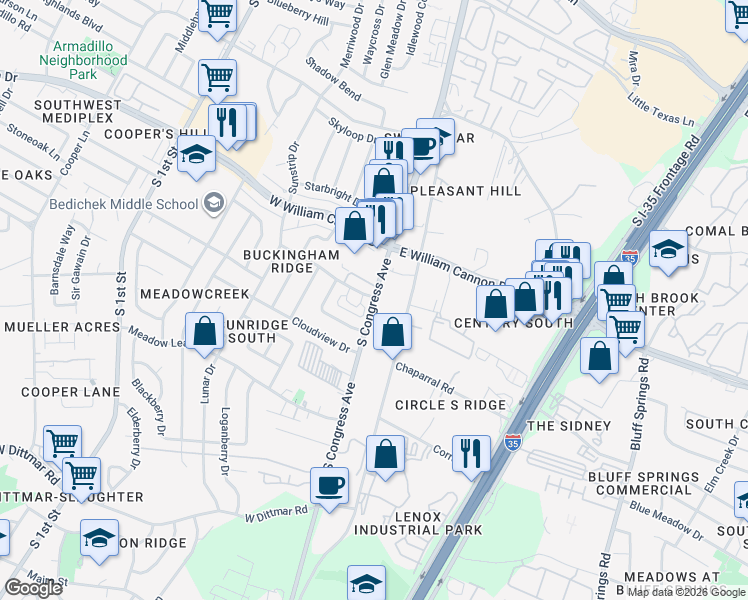 map of restaurants, bars, coffee shops, grocery stores, and more near 101 Clearday Drive in Austin