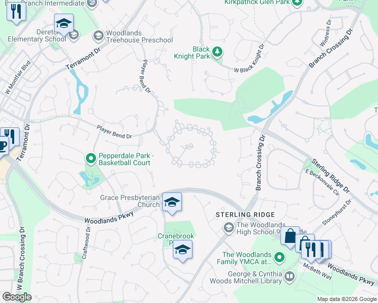 map of restaurants, bars, coffee shops, grocery stores, and more near 31 South Gary Glen Circle in Spring