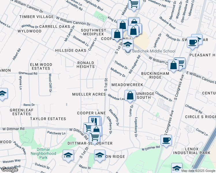 map of restaurants, bars, coffee shops, grocery stores, and more near 7214 Teaberry Drive in Austin