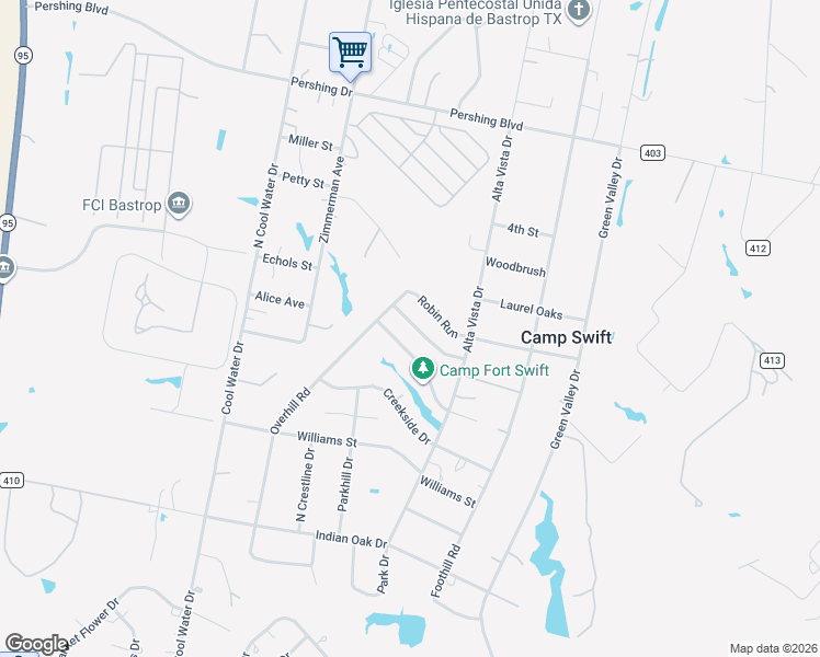 map of restaurants, bars, coffee shops, grocery stores, and more near 115 Meadow Creek Drive in Bastrop