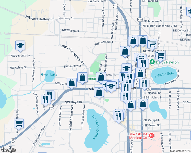 map of restaurants, bars, coffee shops, grocery stores, and more near 798 Northwest Desoto Street in Lake City