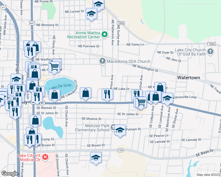 map of restaurants, bars, coffee shops, grocery stores, and more near 1398 Northeast Lake Drive in Lake City