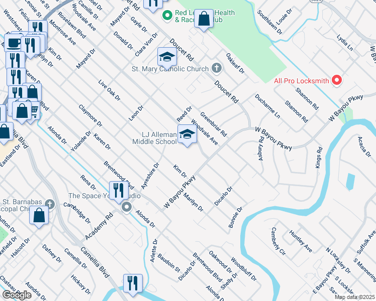 map of restaurants, bars, coffee shops, grocery stores, and more near 600 Roselawn Boulevard in Lafayette