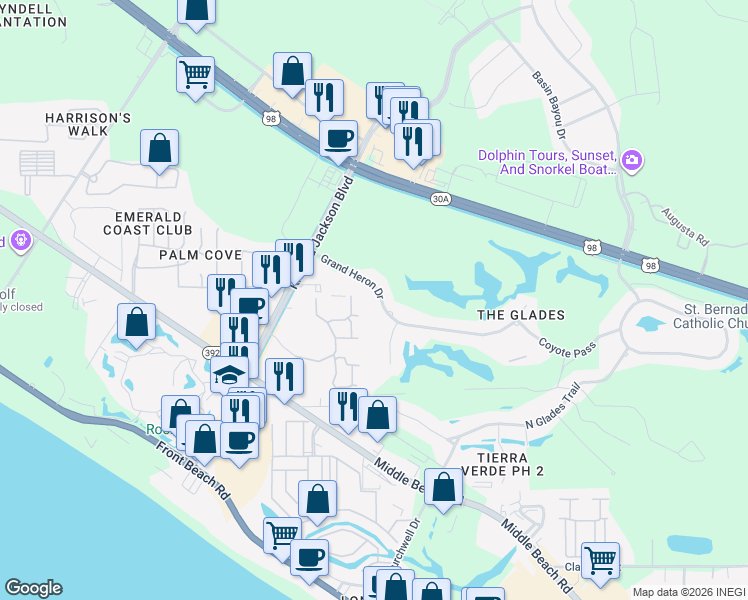 map of restaurants, bars, coffee shops, grocery stores, and more near 105 Grand Heron Drive in Panama City Beach