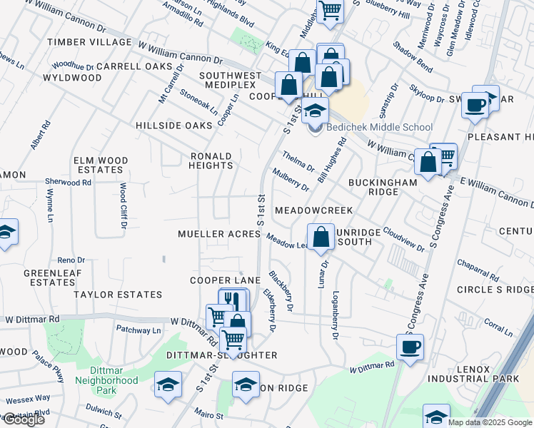 map of restaurants, bars, coffee shops, grocery stores, and more near 7214 Teaberry Drive in Austin