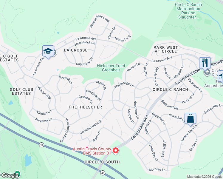 map of restaurants, bars, coffee shops, grocery stores, and more near 6718 Walebridge Lane in Austin