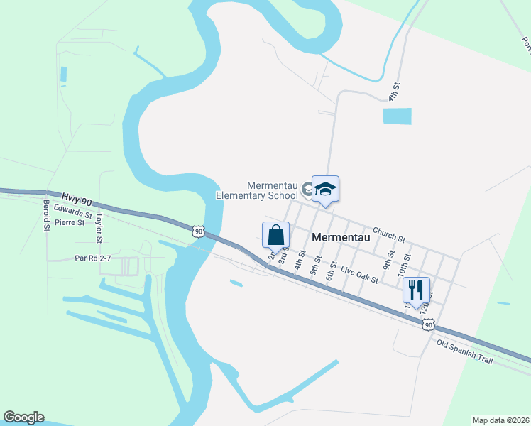 map of restaurants, bars, coffee shops, grocery stores, and more near 303 Live Oak Street in Mermentau