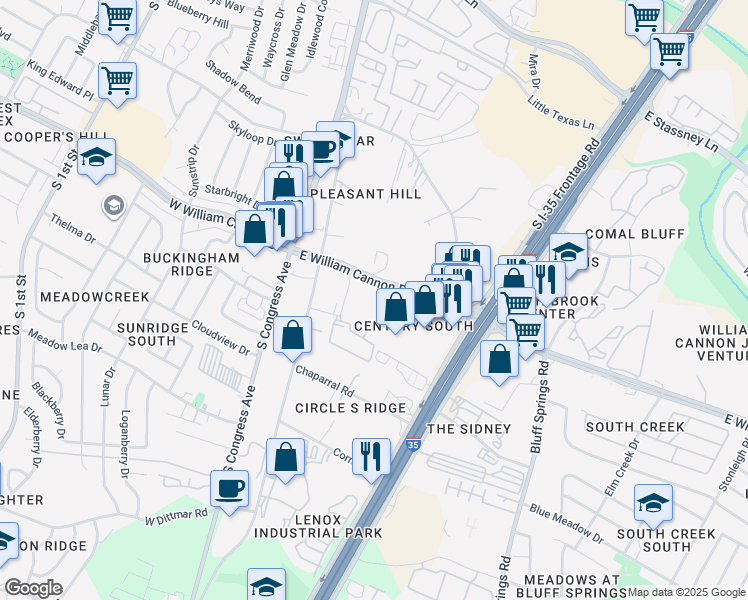 map of restaurants, bars, coffee shops, grocery stores, and more near 409 East William Cannon Drive in Austin