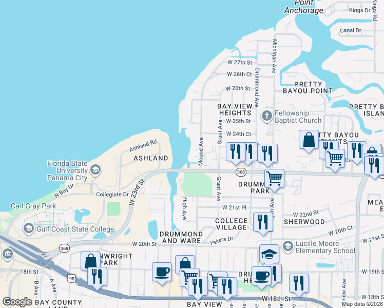 map of restaurants, bars, coffee shops, grocery stores, and more near 2303 Mound Avenue in Panama City