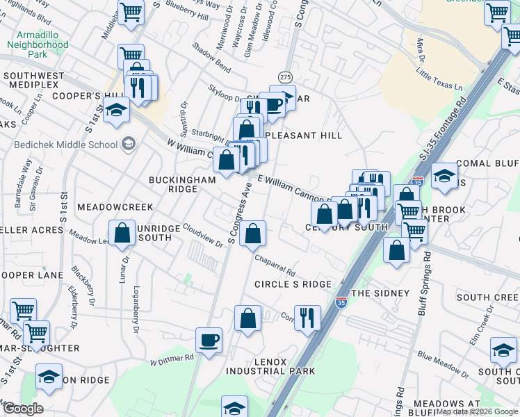 map of restaurants, bars, coffee shops, grocery stores, and more near 6804 Circle South Road in Austin