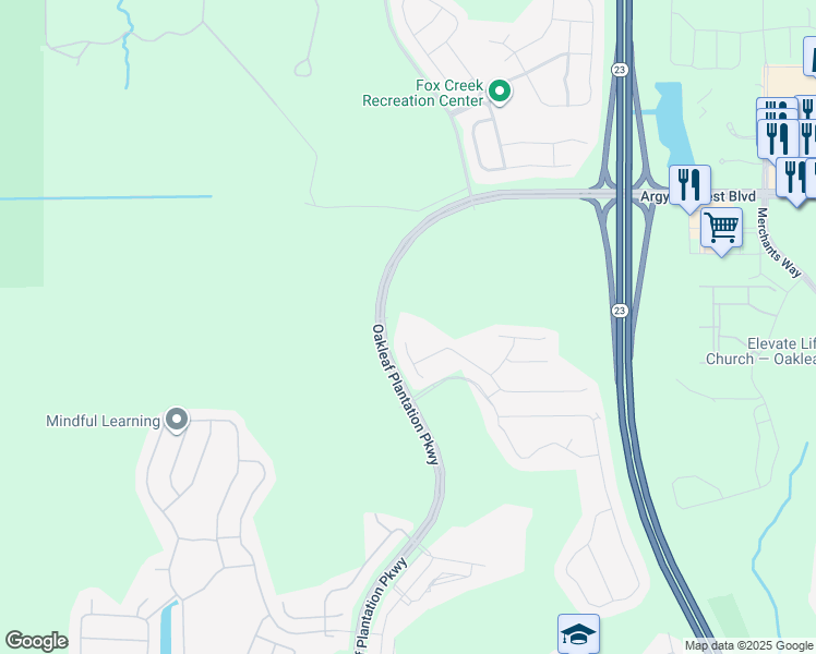 map of restaurants, bars, coffee shops, grocery stores, and more near 417 Oakleaf Plantation Parkway in Jacksonville