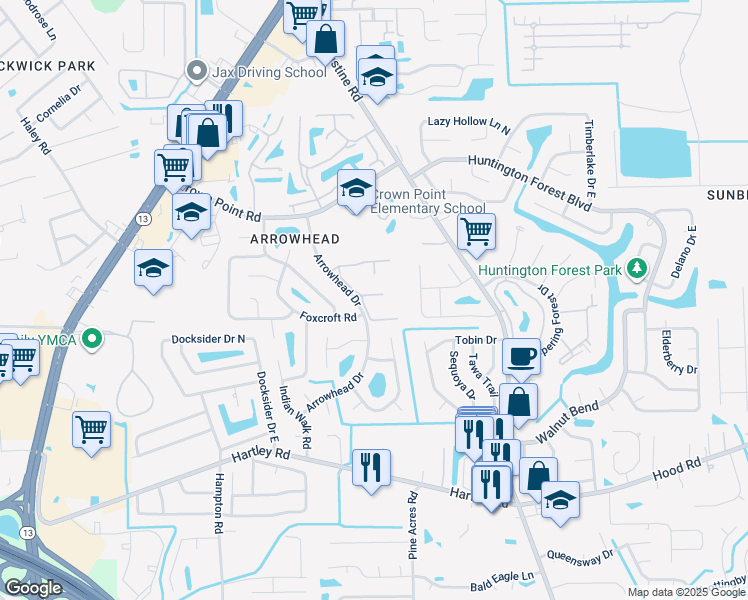 map of restaurants, bars, coffee shops, grocery stores, and more near 10315 Arrowhead Drive in Jacksonville