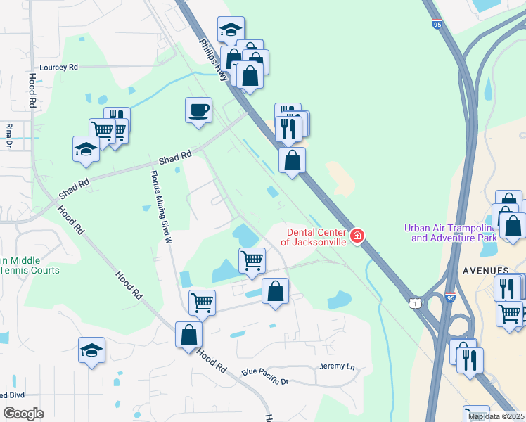 map of restaurants, bars, coffee shops, grocery stores, and more near 9523 Florida Mining Boulevard East in Jacksonville