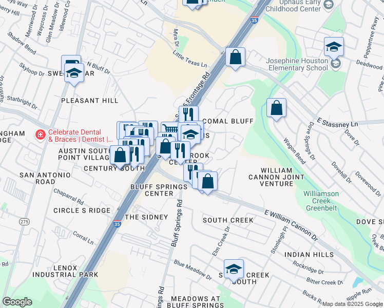 map of restaurants, bars, coffee shops, grocery stores, and more near 6405 Interstate 35 Frontage Road in Austin