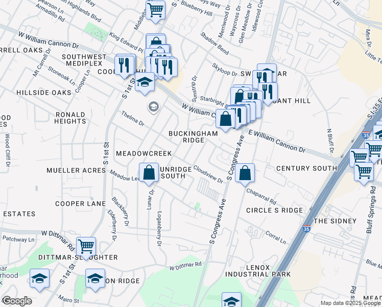 map of restaurants, bars, coffee shops, grocery stores, and more near 6902 Skynook Drive in Austin
