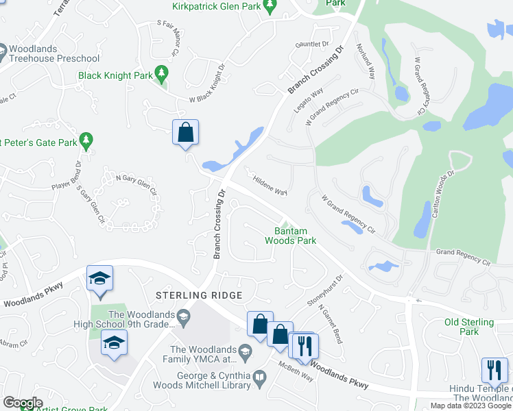 map of restaurants, bars, coffee shops, grocery stores, and more near 26 North Bantam Woods Circle in Spring