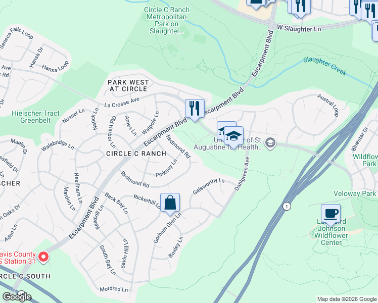 map of restaurants, bars, coffee shops, grocery stores, and more near 10527 Redmond Road in Austin