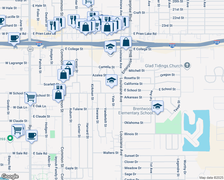 map of restaurants, bars, coffee shops, grocery stores, and more near 3600 Louisiana Avenue in Lake Charles