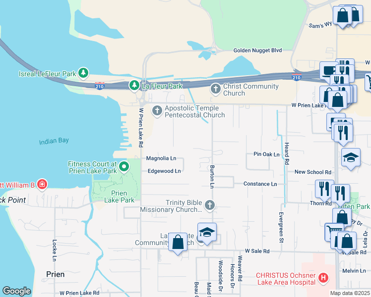 map of restaurants, bars, coffee shops, grocery stores, and more near 2526 Thomas Ln in Lake Charles