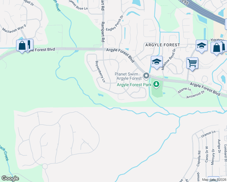 map of restaurants, bars, coffee shops, grocery stores, and more near 8627 Blackberry Lane East in Jacksonville