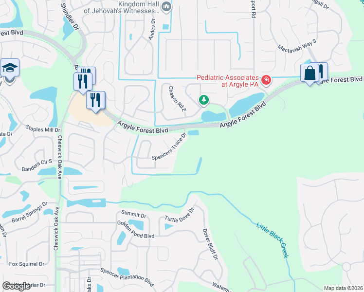 map of restaurants, bars, coffee shops, grocery stores, and more near 8119 Spencers Trace Drive in Jacksonville