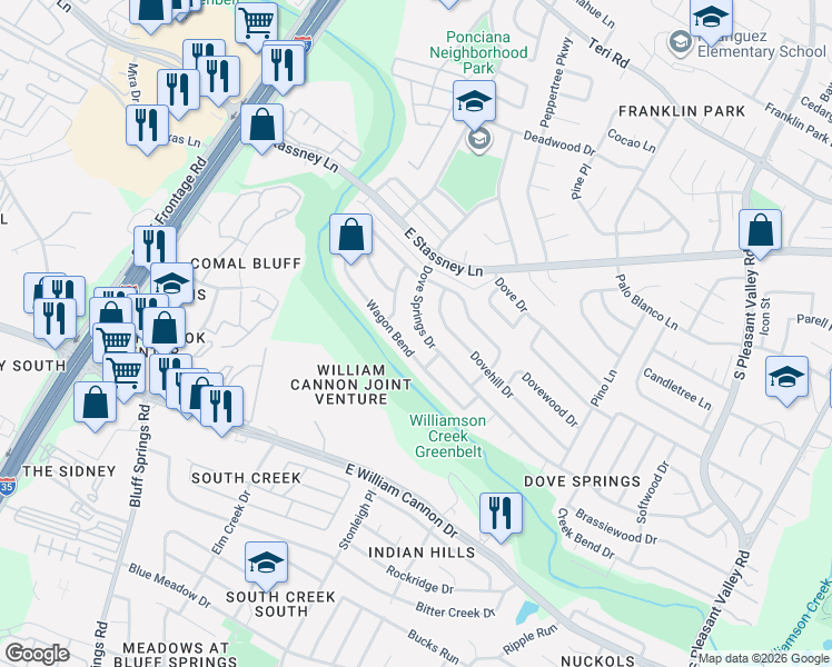 map of restaurants, bars, coffee shops, grocery stores, and more near 6005 Broken Spoke Trail in Austin