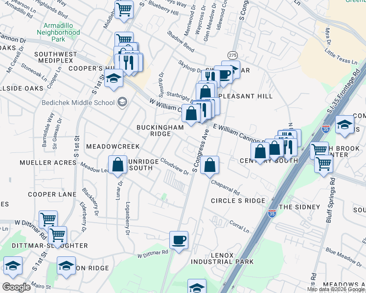 map of restaurants, bars, coffee shops, grocery stores, and more near 6812 South Congress Avenue in Austin