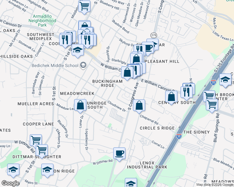 map of restaurants, bars, coffee shops, grocery stores, and more near 6801 Moonmont Drive in Austin