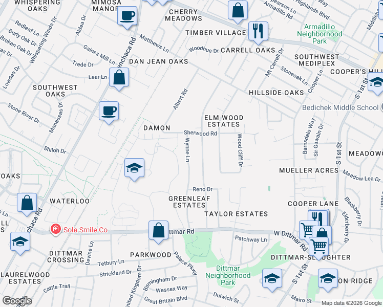 map of restaurants, bars, coffee shops, grocery stores, and more near 7505 Wynne Lane in Austin