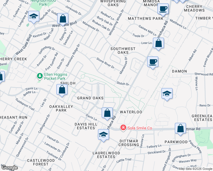 map of restaurants, bars, coffee shops, grocery stores, and more near 2201 Shiloh Drive in Austin