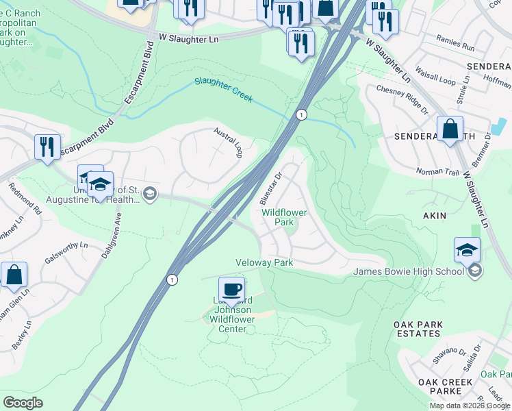 map of restaurants, bars, coffee shops, grocery stores, and more near 5035 Bluestar Drive in Austin