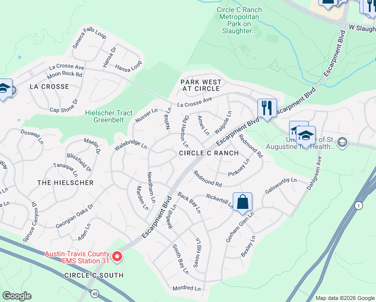 map of restaurants, bars, coffee shops, grocery stores, and more near 6429 Old Harbor Lane in Austin
