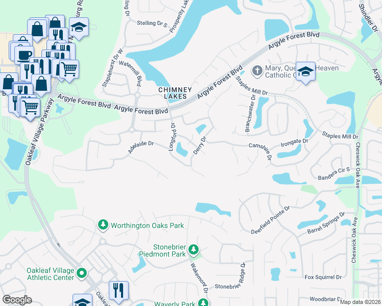 map of restaurants, bars, coffee shops, grocery stores, and more near 8663 Derry Drive in Jacksonville