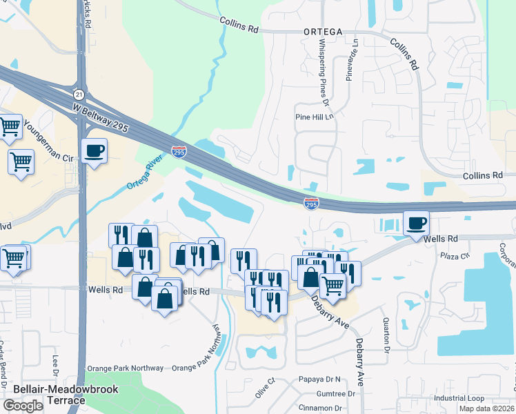 map of restaurants, bars, coffee shops, grocery stores, and more near Highway 9A in Jacksonville