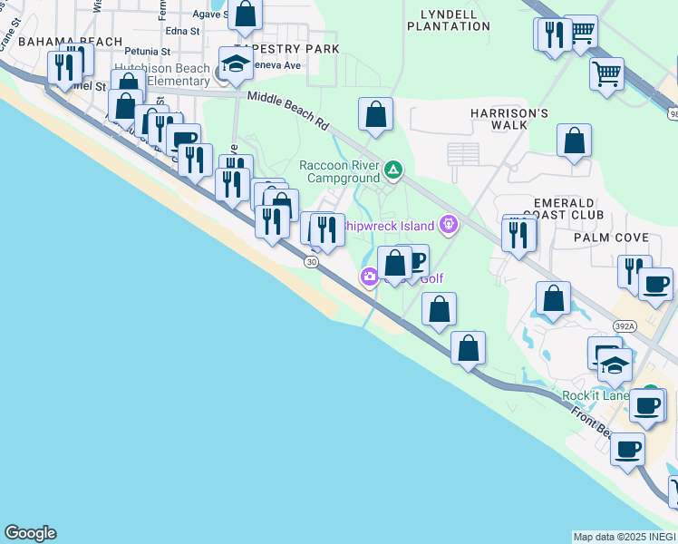 map of restaurants, bars, coffee shops, grocery stores, and more near 12386 Front Beach Road in Panama City Beach
