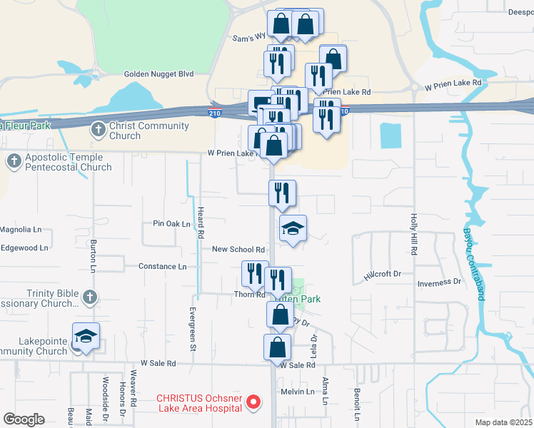 map of restaurants, bars, coffee shops, grocery stores, and more near 1839 Elmer Lane in Lake Charles